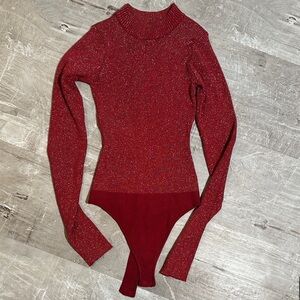Lulu’s Sparkle/Glitter Red Knit Bodysuit